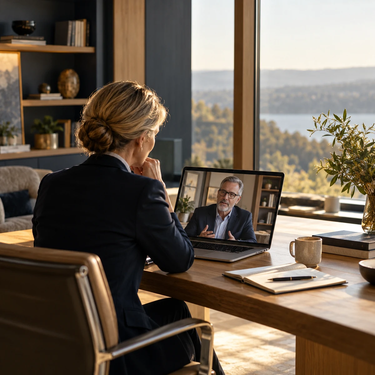 An executive speaking with a trusted adviser by video.