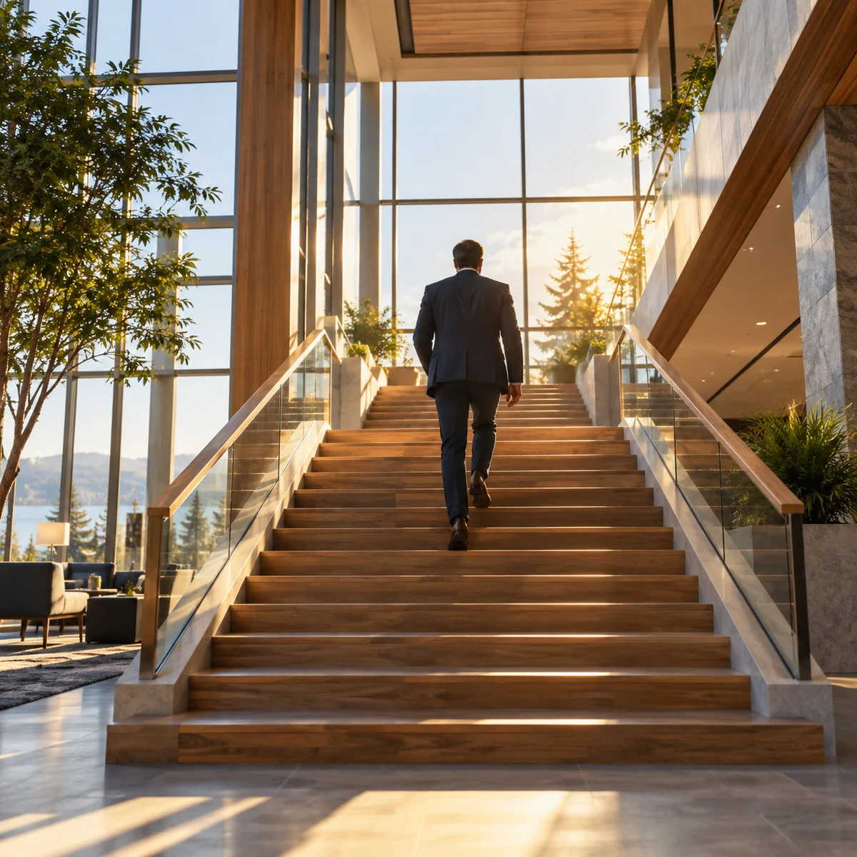 A leader ascending toward a bright open space.