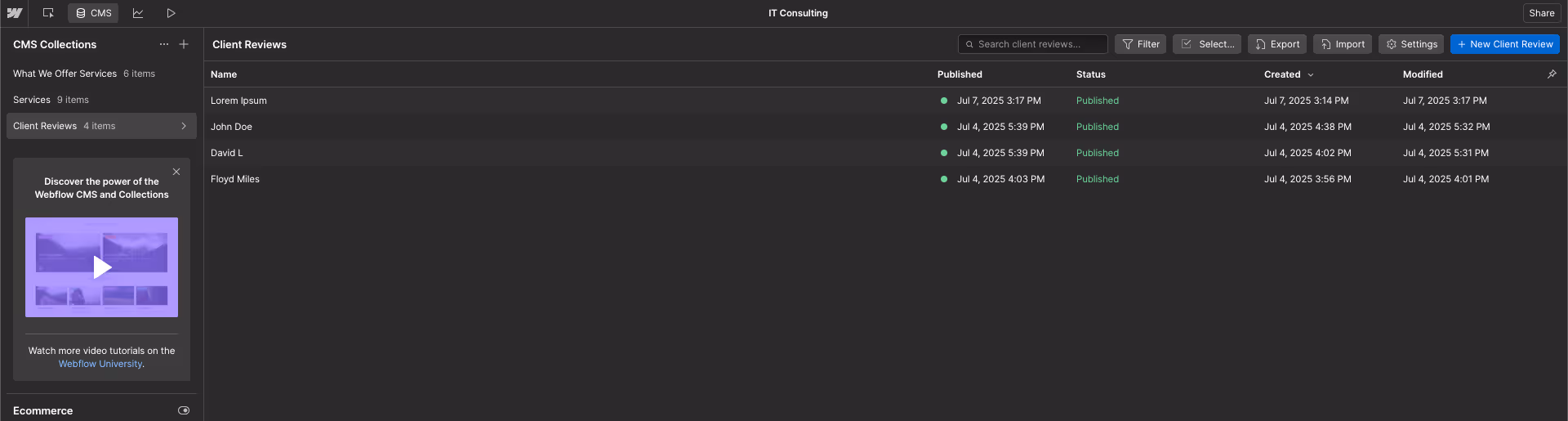 CMS Collection for Client Reviews Section
