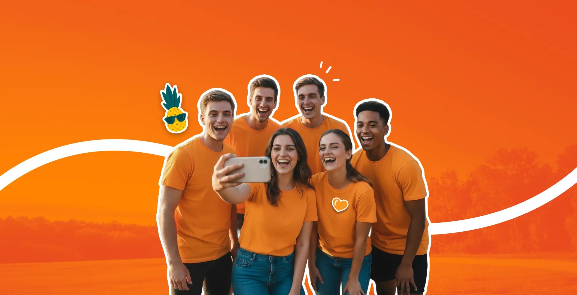 Happy group of friends in vibrant orange outfits smiling and celebrating together, embodying the freedom and connection that defines the Up experience