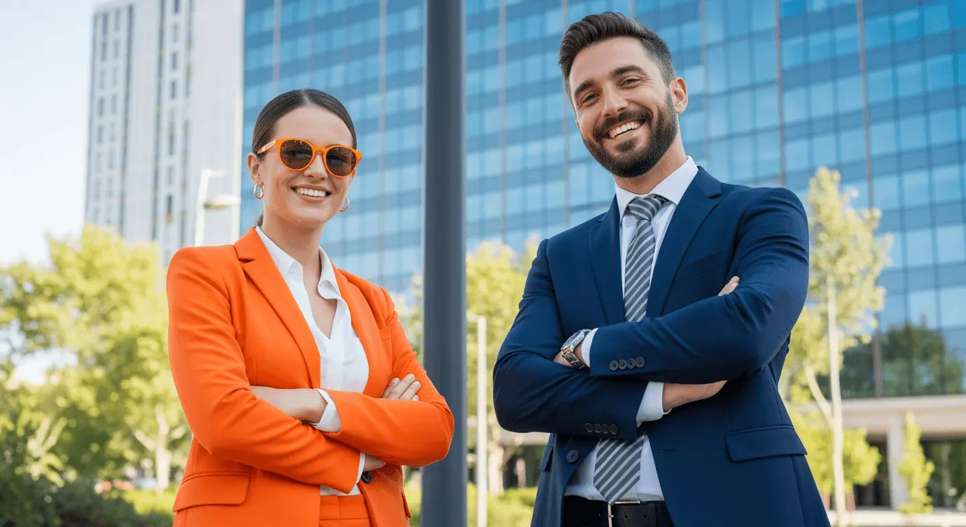 Δύο επαγγελματίες, μια γυναίκα με πορτοκαλί σακάκι και γυαλιά ηλίου και ένας άνδρας σε σκούρο μπλε κοστούμι, χαμογελούν με σταυρωμένα τα χέρια μπροστά από κτίρια γραφείων.