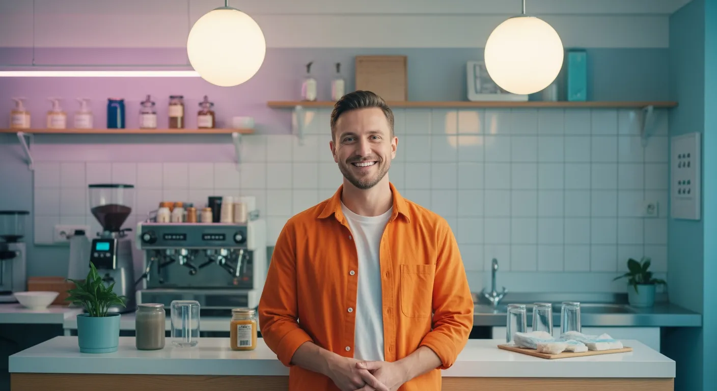 Ένας άνδρας με πορτοκαλί πουκάμισο χαμογελά στο σύγχρονο καφέ με μηχανή καφέ και φυτά στο τραπέζι.