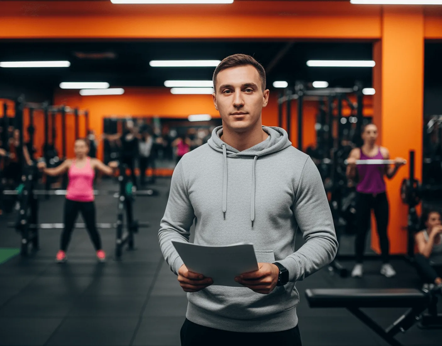 Άνδρας με γκρι φούτερ κρατάει χαρτιά σε γυμναστήριο με άτομα που γυμνάζονται στο φόντο.