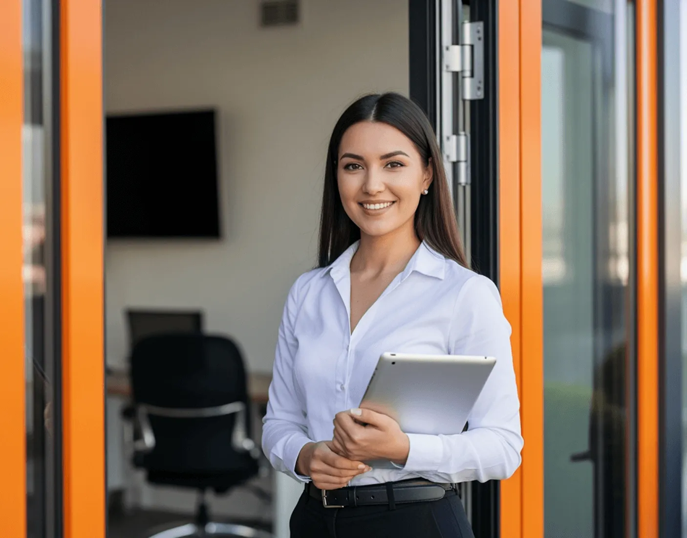 Επαγγελματίας γυναίκα με λευκό πουκάμισο κρατά tablet και χαμογελά σε γραφειακό χώρο με πορτοκαλί πόρτες.