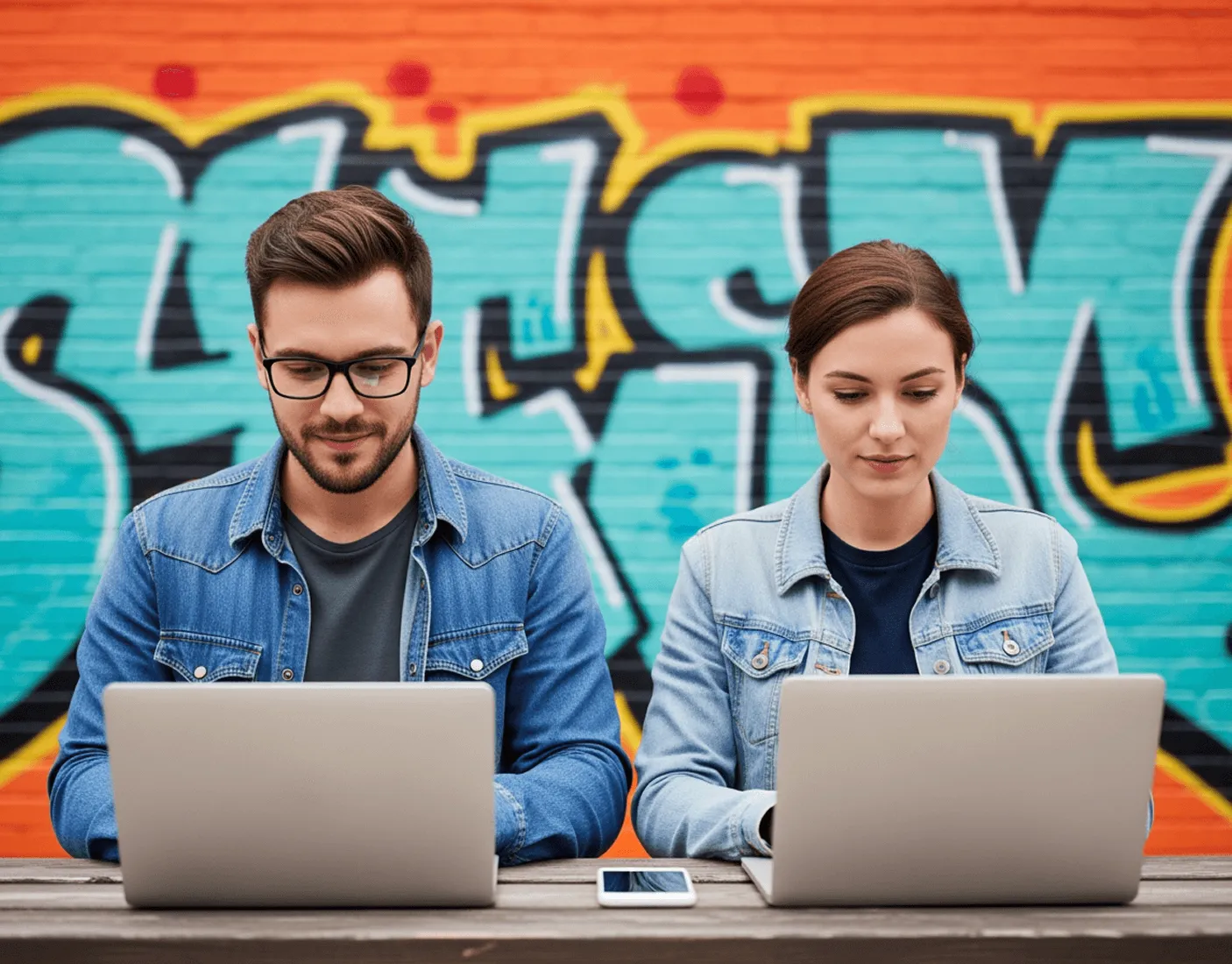 Νεαρός άνδρας με γυαλιά και γυναίκα κάθεται μπροστά σε φορητούς υπολογιστές με πολύχρωμο γκράφιτι στον τοίχο πίσω τους.