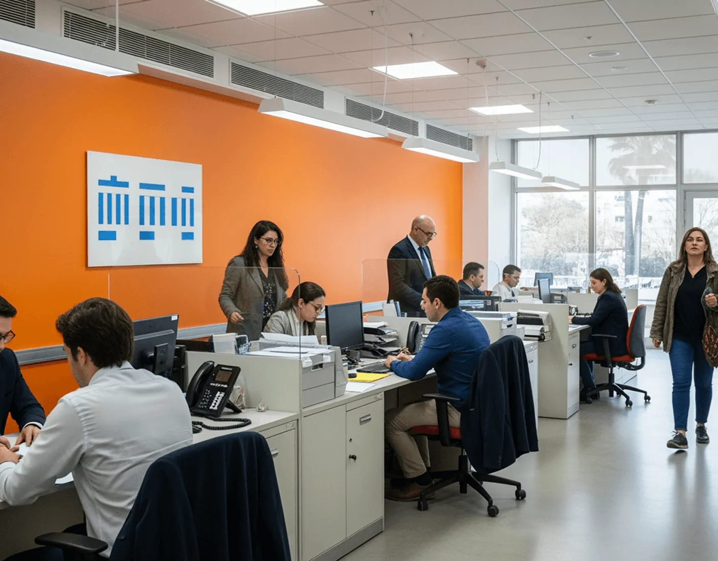 Άνθρωποι που εργάζονται σε γραφείο με πορτοκαλί τοίχο και μεγάλη παράθυρο στο φόντο.