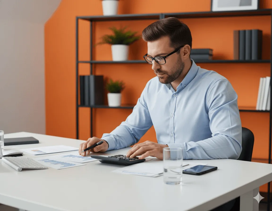 Άνδρας με μπλε πουκάμισο και γυαλιά δουλεύει με αριθμομηχανή και έγγραφα σε γραφείο με πορτοκαλί τοίχο.