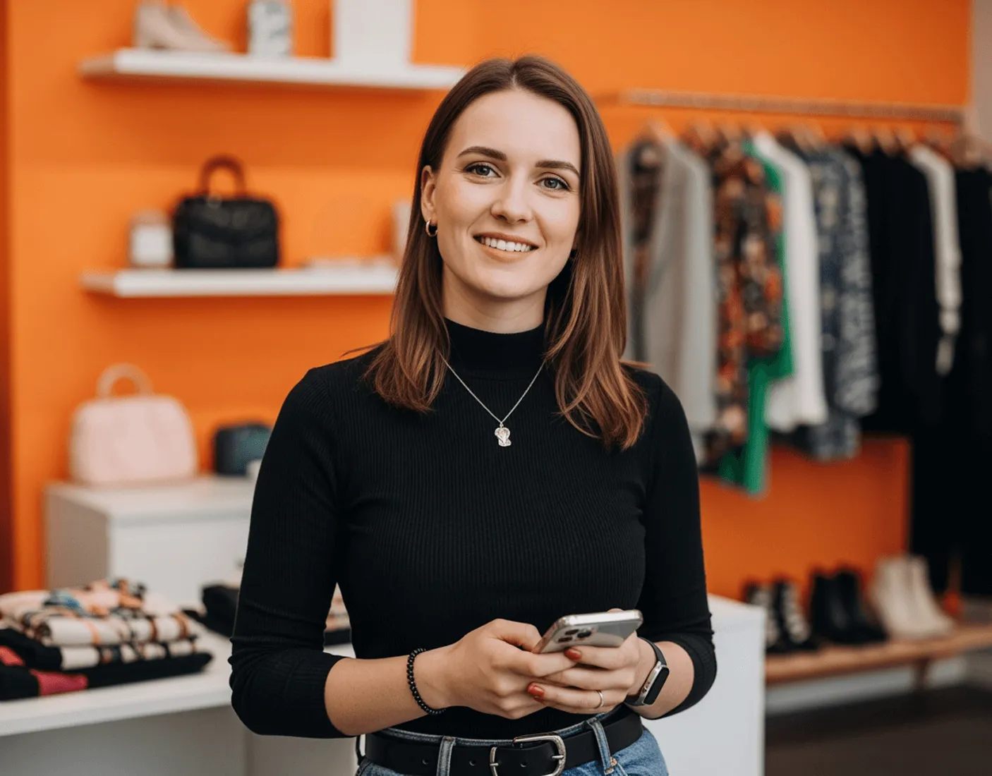 Γυναίκα σε μαύρη μπλούζα και τζιν κρατάει κινητό με φόντο ρούχα και τσάντες σε πορτοκαλί τοίχο.