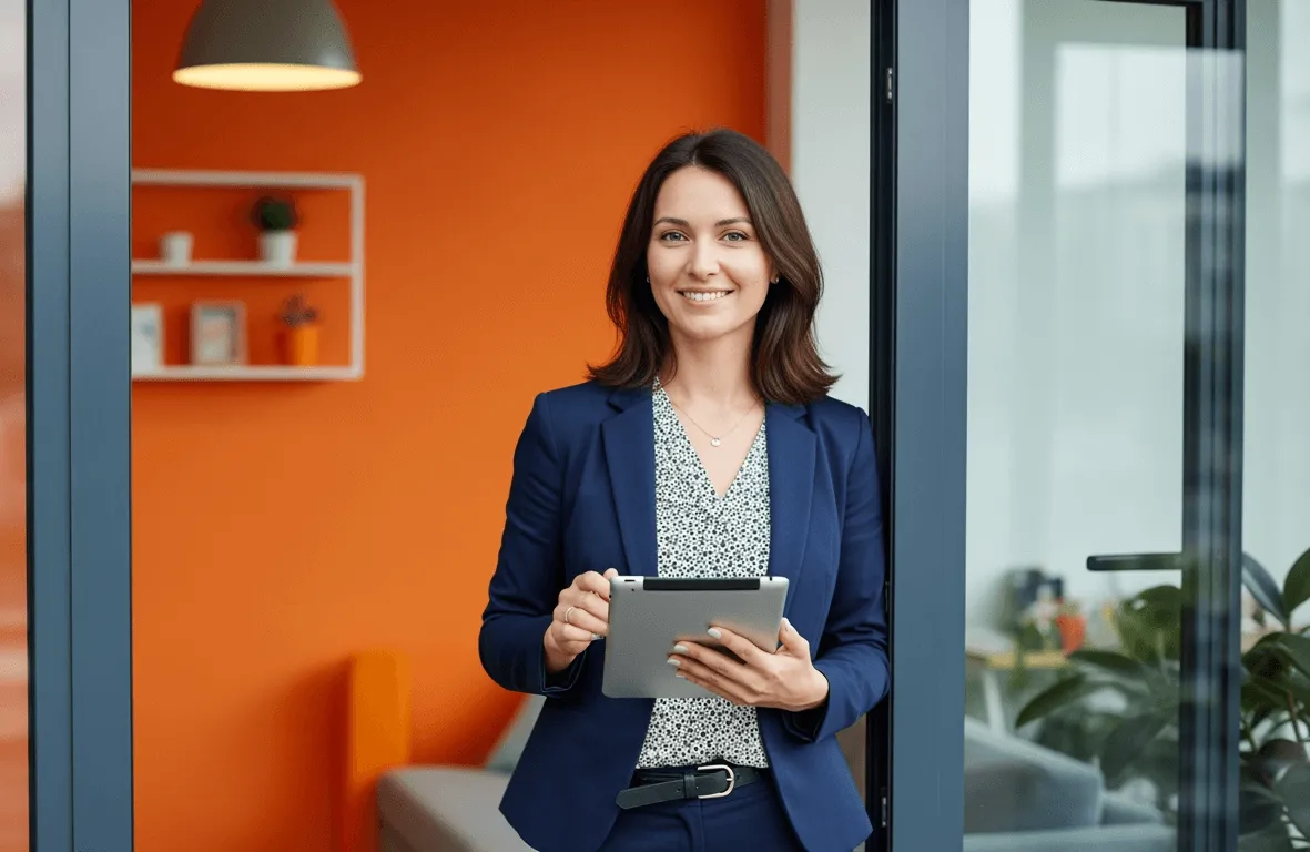 Γυναίκα με μπλε κοστούμι κρατά ένα tablet και χαμογελά μέσα σε μοντέρνο γραφείο με πορτοκαλί τοίχο.