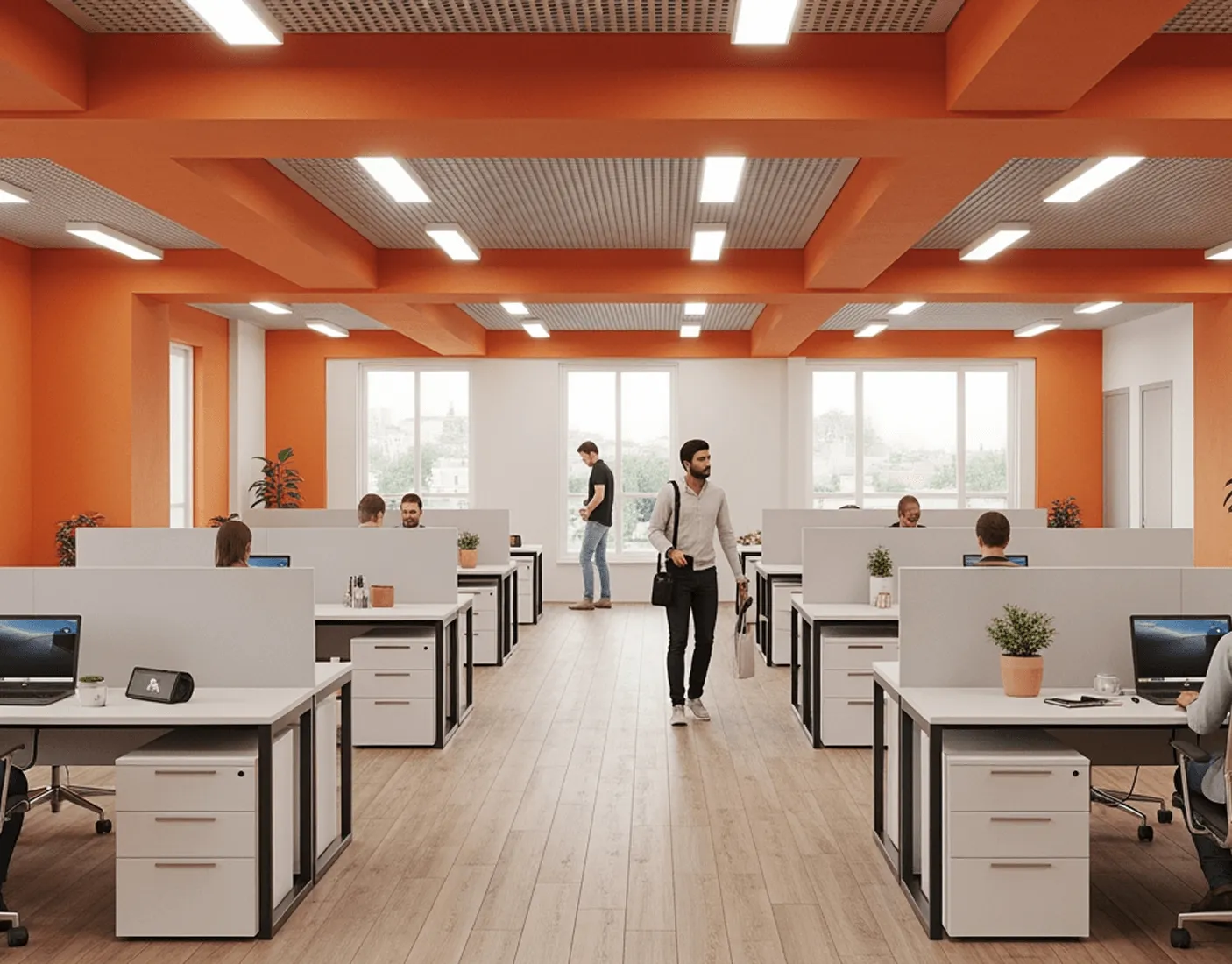 Άνδρας που περπατάει σε μοντέρνο γραφείο με πορτοκαλί τοίχους, πολλούς εργαζόμενους σε διαχωρισμένα γραφεία, και μεγάλα παράθυρα.