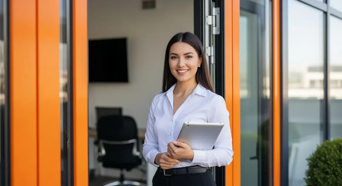 Νεαρή γυναίκα με λευκό πουκάμισο κρατά ταμπλέτα και χαμογελά, στέκεται μπροστά σε πόρτα γραφείου με πορτοκαλί πλαίσιο.