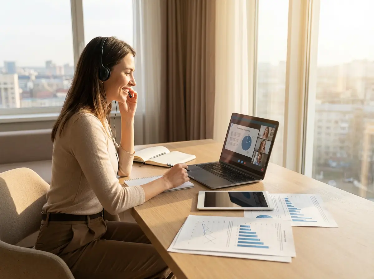 Γυναίκα με ακουστικά σε τηλεδιάσκεψη με σημειωματάριο, φορητό υπολογιστή και έγγραφα με γραφήματα σε γραφείο δίπλα σε παράθυρο.