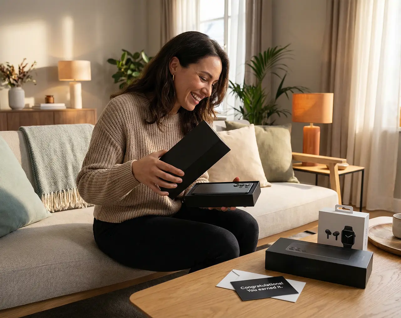 Γυναίκα κάθεται στον καναπέ και ανοίγει ένα κουτί με νέο smartphone, με κουτιά ακουστικών και smartwatch πάνω στο τραπέζι.