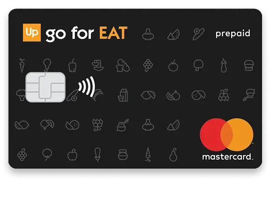 Κάρτα Mastercard Up go for EAT με εικονίδια φαγητών σε μαύρο φόντο.
