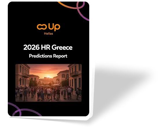Εξώφυλλο αναφοράς προβλέψεων 2026 για το ανθρώπινο δυναμικό στην Ελλάδα με λογότυπο Up Hellas και εικόνα πλήθους ανθρώπων σε ελληνικό δρόμο κατά τη δύση του ηλίου.