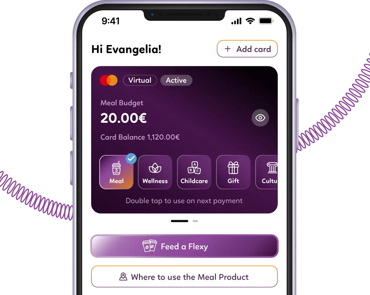 Mobile app screen showing a virtual Mastercard meal budget card with 20 euros available and a card balance of 1,120 euros; categories include Meal, Wellness, Childcare, Gift, and Culture.