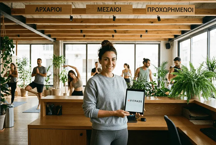 Γυναίκα γυμναστή παρουσιάζει ταμπλέτα με το λογότυπο FITPASS σε μοντέρνο γυμναστήριο, με ανθρώπους να ασκούνται στο φόντο.