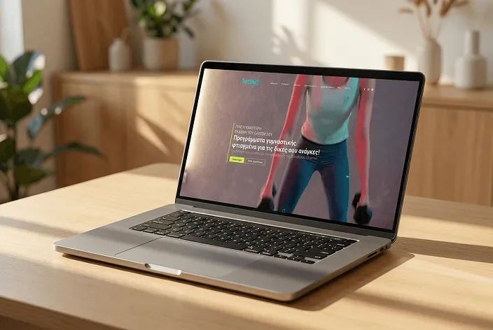 Laptop σε τραπέζι με ασαφές φόντο, εμφανίζοντας ιστοσελίδα γυμναστικής με εικόνα γυναίκας που κρατά βάρη.