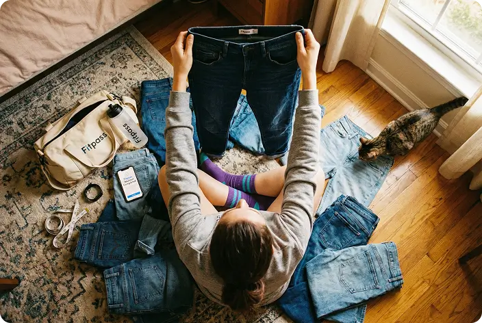 Άτομο καθισμένο στο πάτωμα συγκρίνει ένα ζευγάρι τζιν παντελονιών, περιτριγυρισμένο από άλλα τζιν και μια γάτα που περπατά δίπλα τους σε ξύλινο πάτωμα κοντά σε παράθυρο.