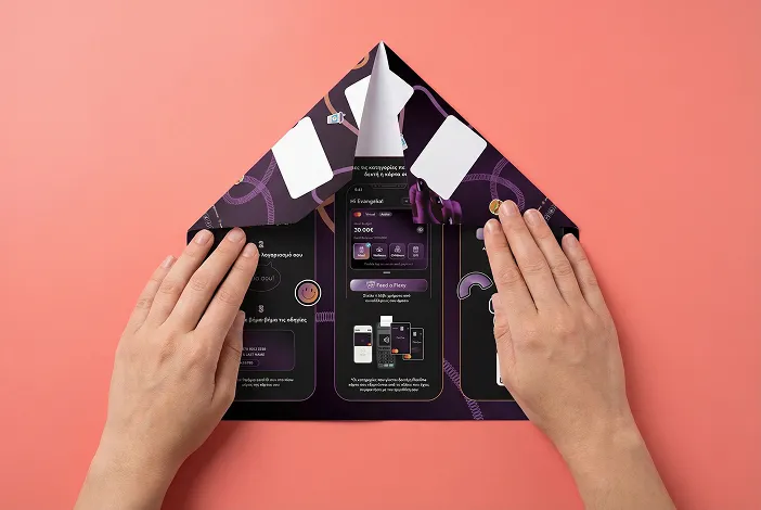 Δύο χέρια διπλώνουν μια μαύρη κόλλα χαρτί με ροζ φόντο, που έχει σχέδιο εφαρμογής και λευκά ορθογώνια σημεία.