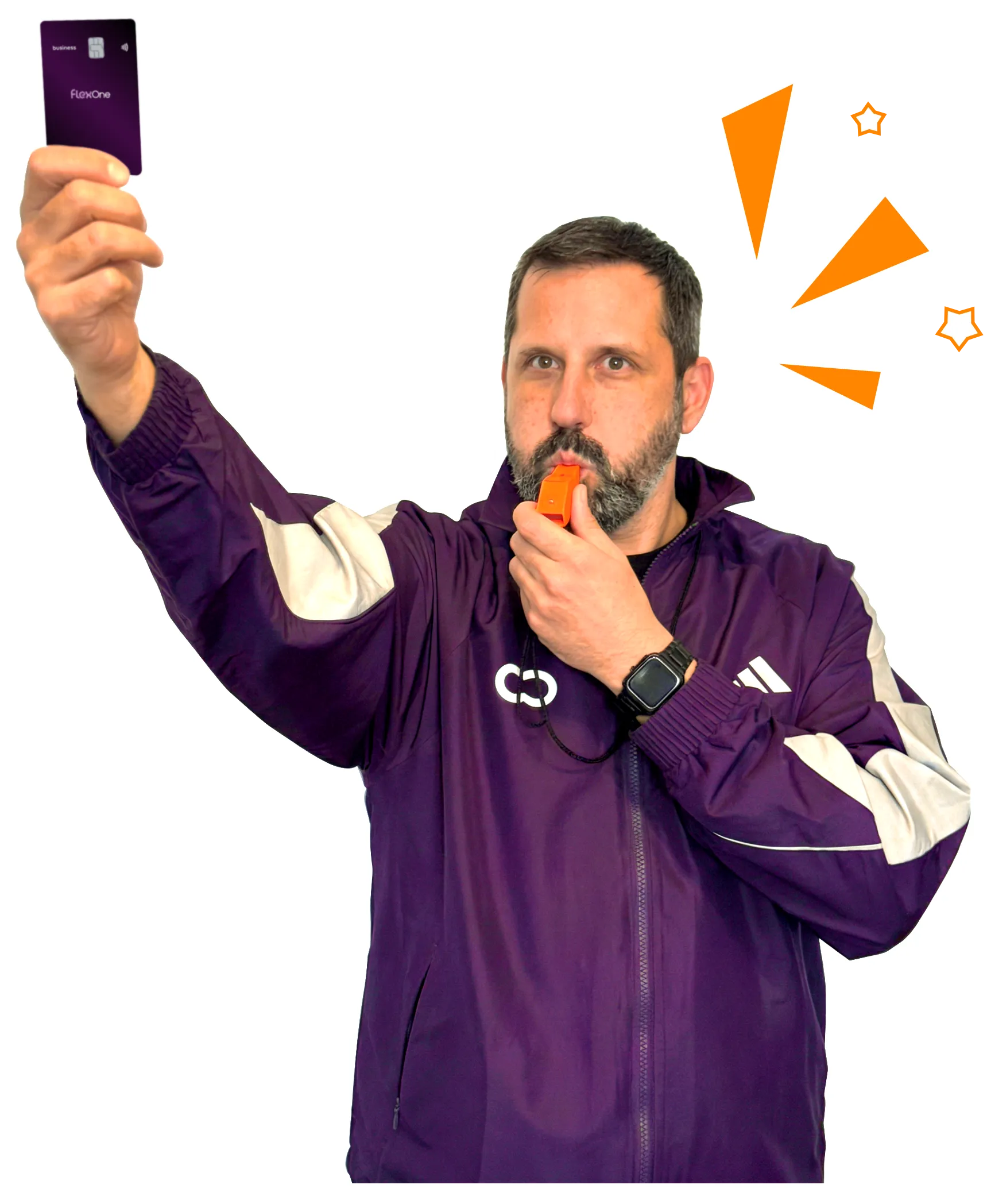 Coach Kassios whistling and holding FlexOne card as a red card