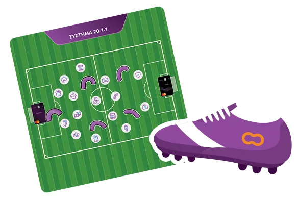 Τακτική ποδοσφαίρου 20-1-1 σχεδιασμένη σε πράσινο γήπεδο με γραφικά στοιχεία και ένα μωβ ποδοσφαιρικό παπούτσι δίπλα.