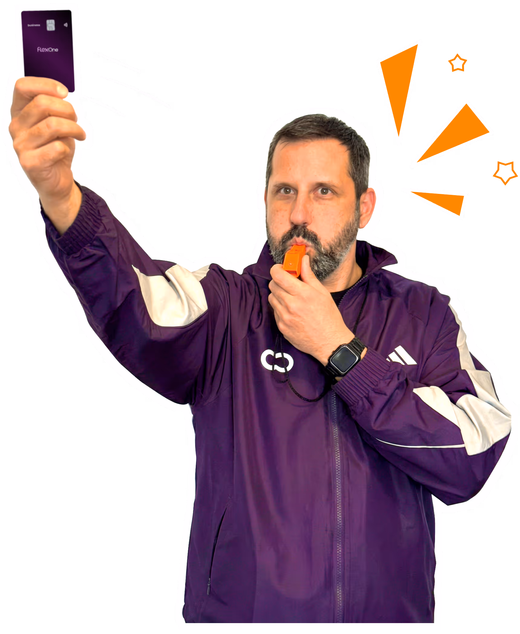 Coach Kassios whistling and holding a FlexOne card as a red card.