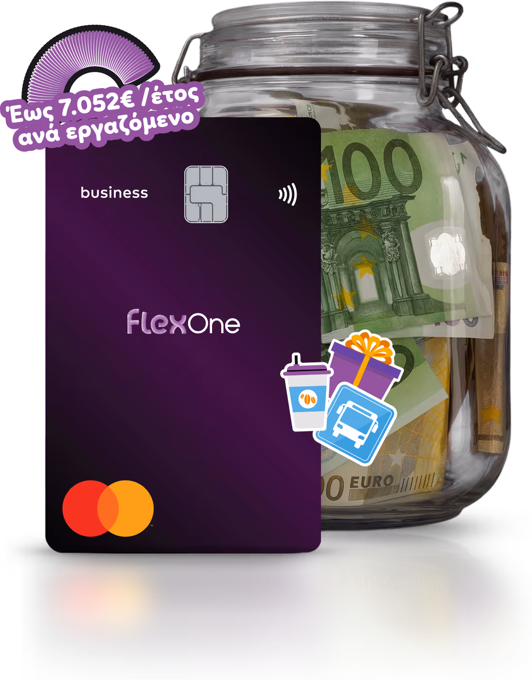 Κάρτα FlexOne μπροστά από ένα βάζο με χρήματα