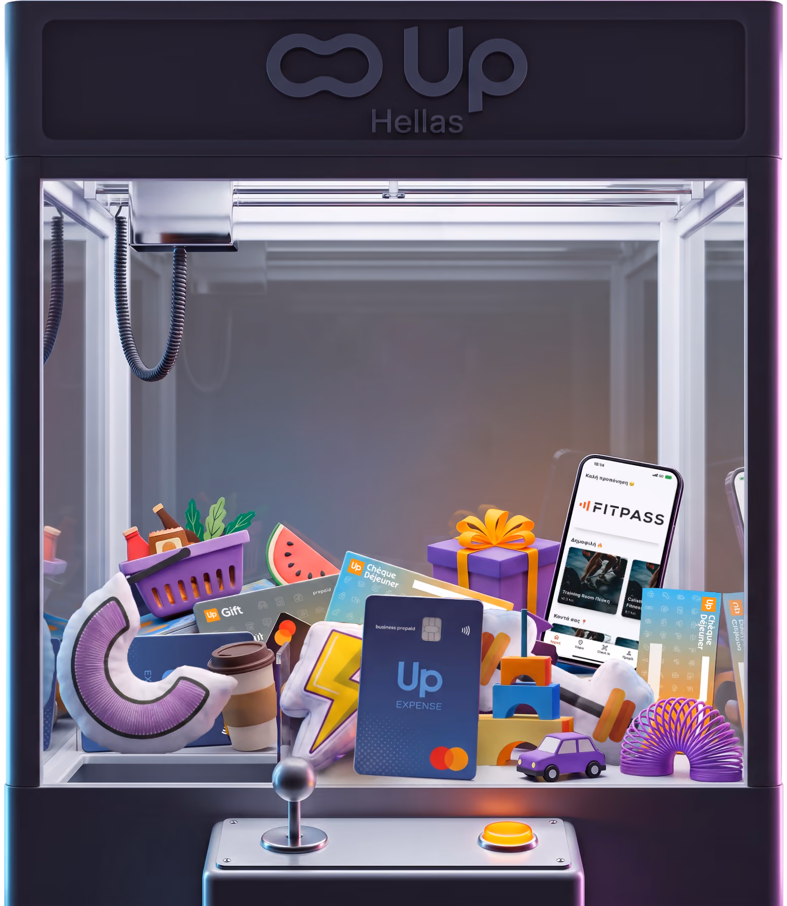 Μηχανή claw machine με κάρτες Up, το κινητό με την εφαρμογή Fitpass, δώρα και αντικείμενα.