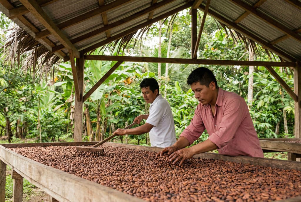 Producteurs péruviens triant et séchant des fèves de cacao dans une plantation amazonienne, étape clé du chocolat péruvien.