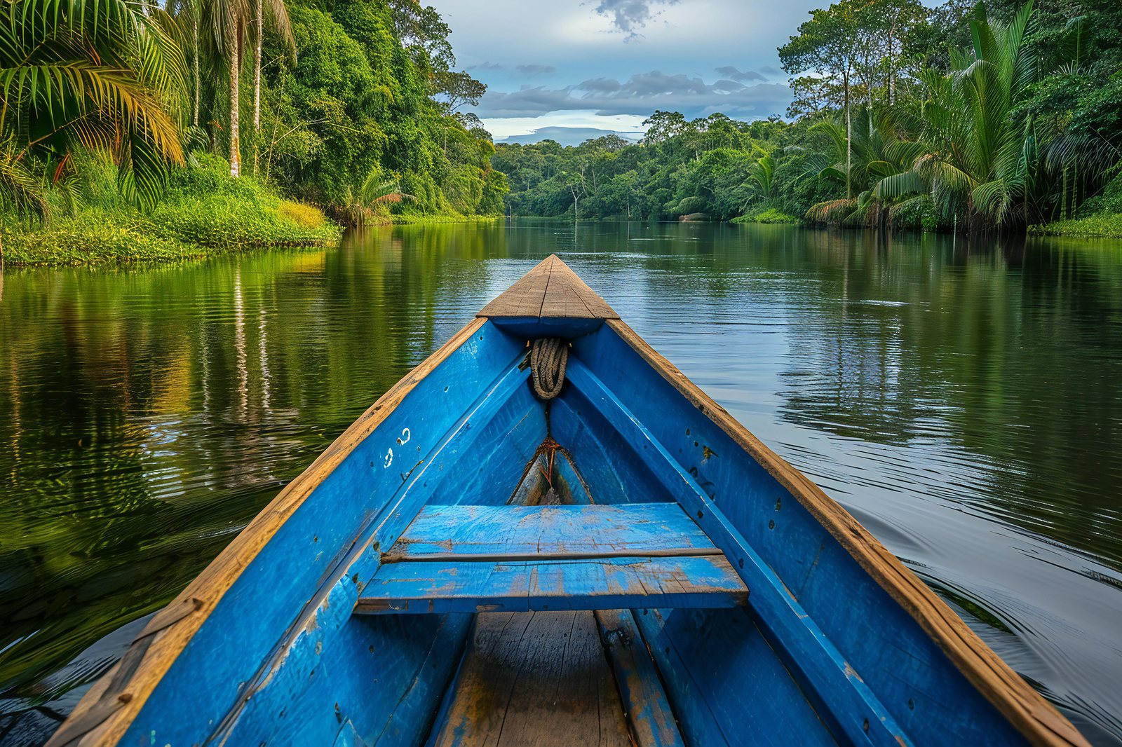 Pirogue remontant une rivière amazonienne bordée de forêt dense