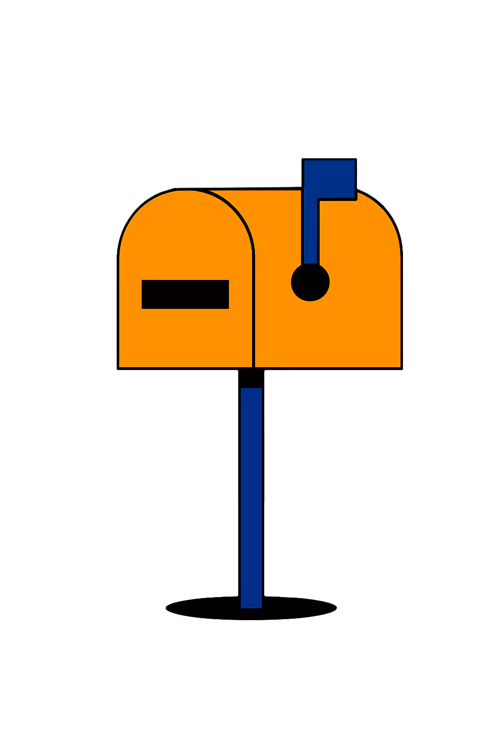 Orange mailbox with a raised blue flag on a blue post casting a shadow.