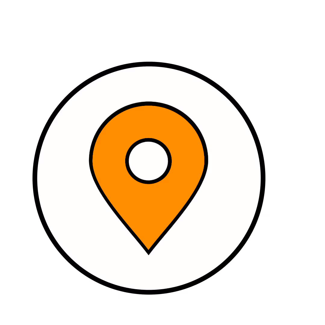 Orange map location pin icon inside a white circle with black border.