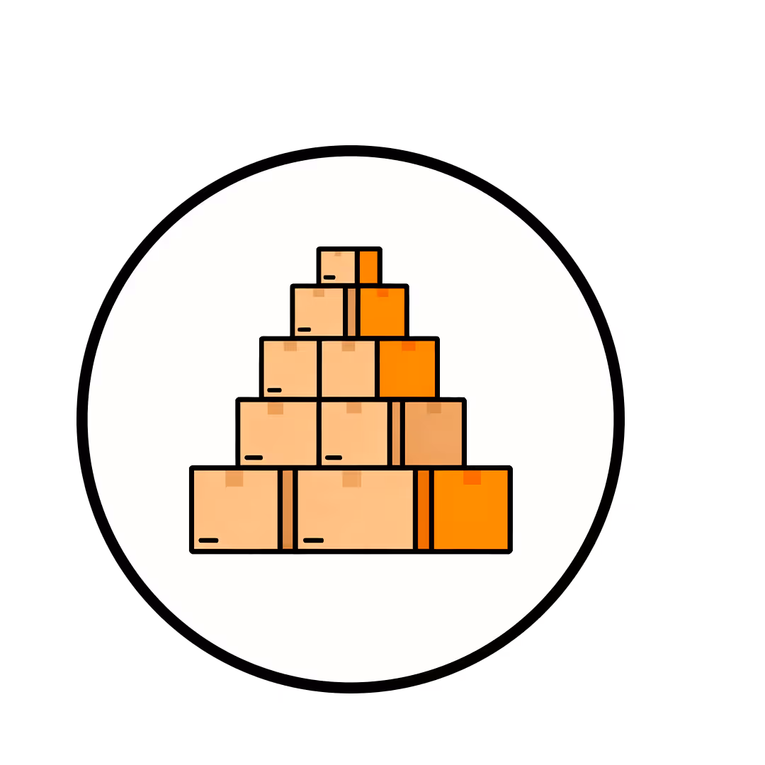 Stacked cardboard boxes arranged in a pyramid inside a circle.