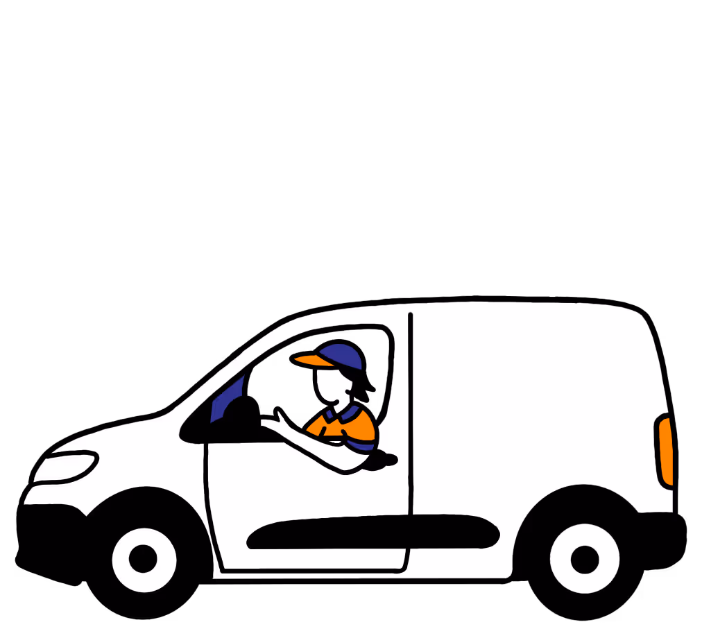Illustration of a white delivery van with a driver wearing an orange and blue uniform.