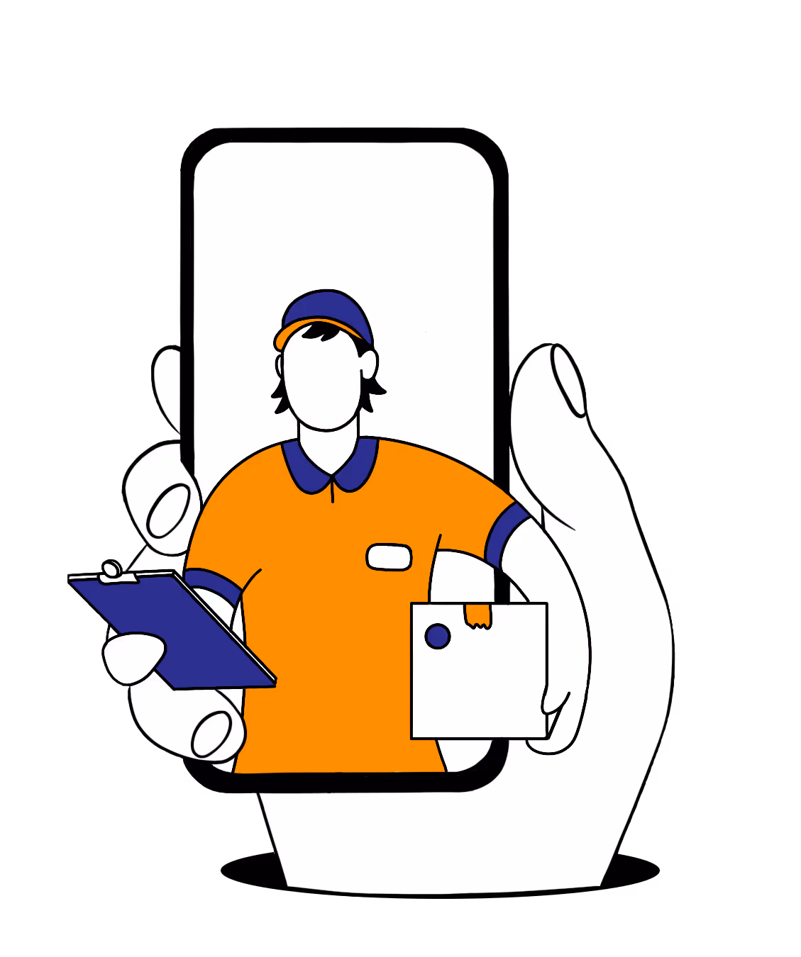Illustration of a delivery person in an orange uniform holding a clipboard and package, appearing on a smartphone screen held by a large hand.