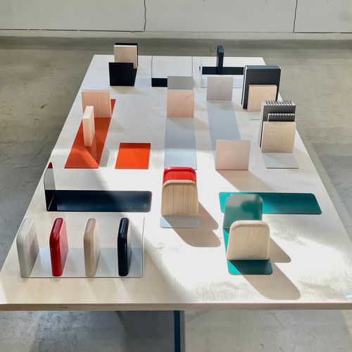 A collection of wooden book stoppers.