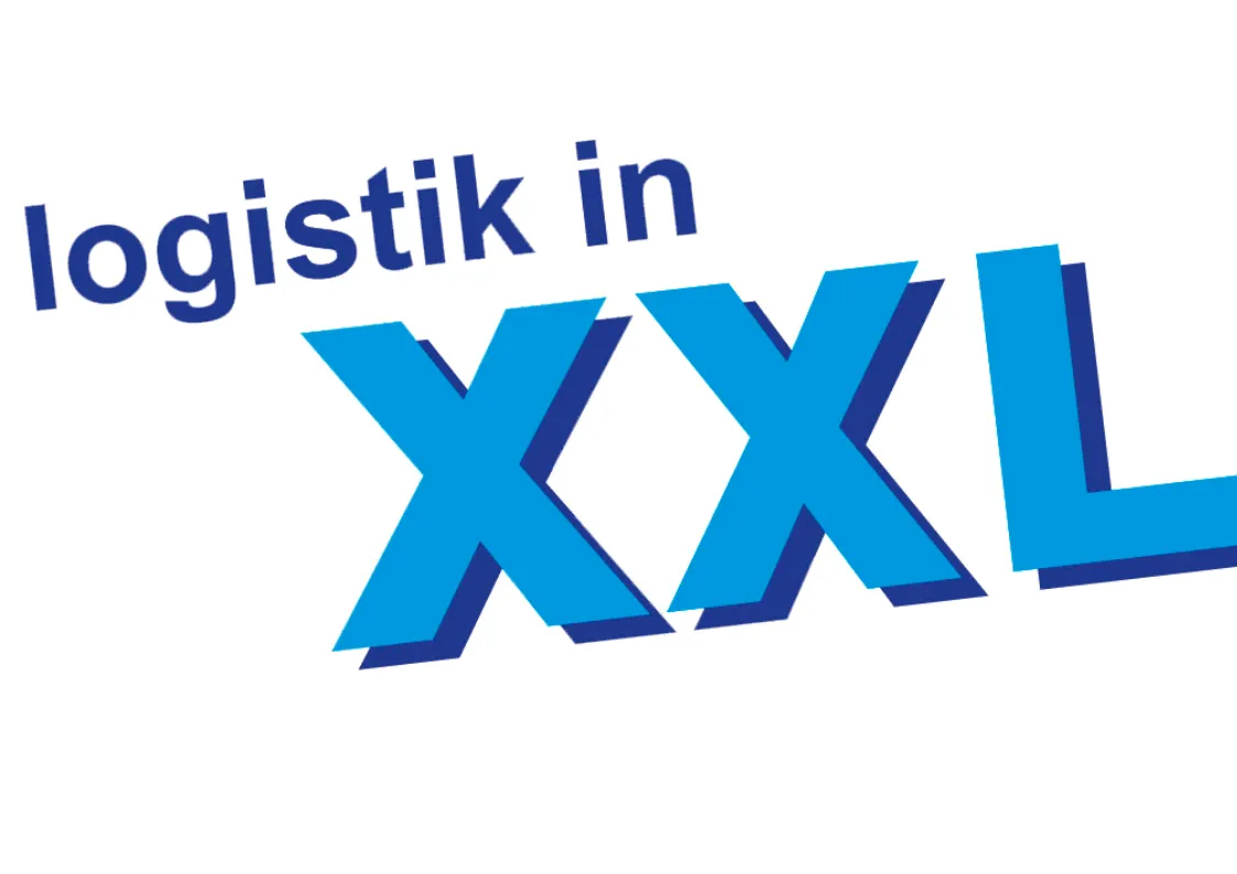 Text ‚logistik in XXL‘ in blauen Buchstaben auf weißem Hintergrund.