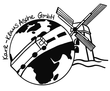 Skizzierte Weltkugel mit stilisierter Straße, Lastwagen und Windmühle, daneben der Schriftzug 'Karte - Klaus Asche GmbH'.