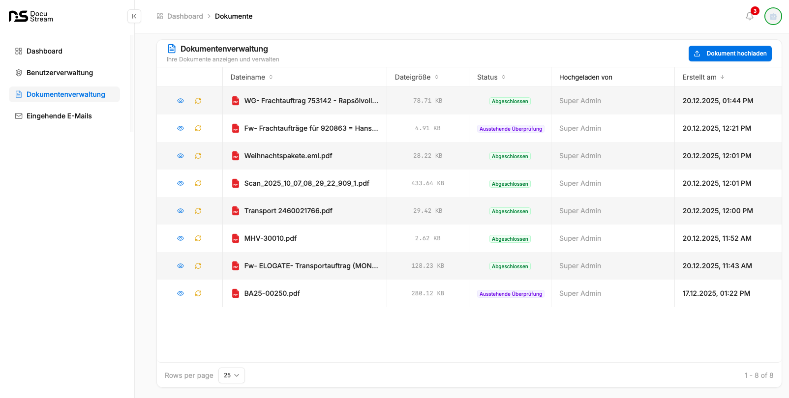 Benutzeroberfläche der Dokumentenverwaltung mit einer Liste von PDF-Dateien, deren Dateigröße, Status, Hochgeladen von und Erstellungsdatum in einer Tabelle.