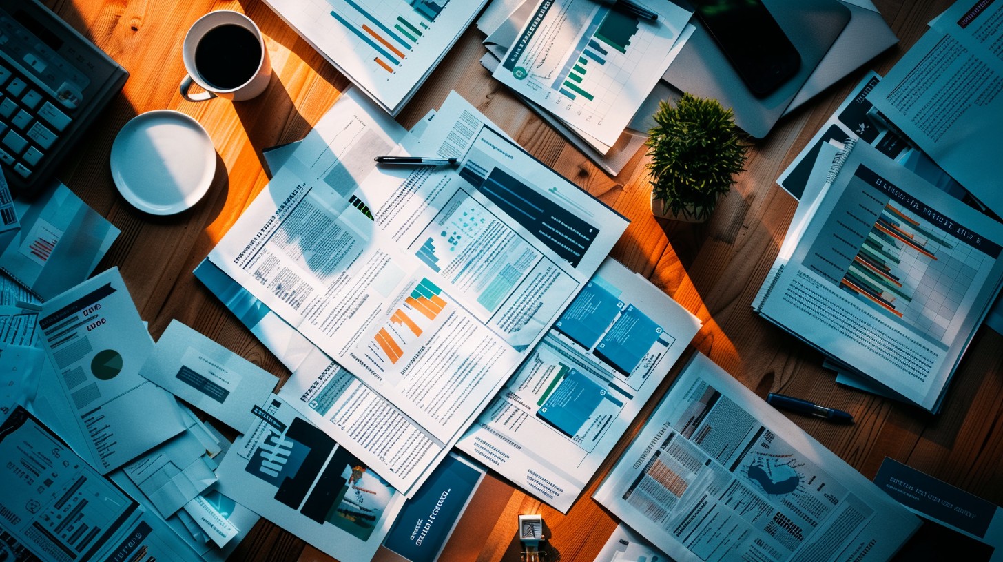 Arbeitsplatz mit verstreuten Finanzberichten, Diagrammen, Stiften, Laptop, Kaffeetasse und einer kleinen Pflanze auf einem Holztisch.