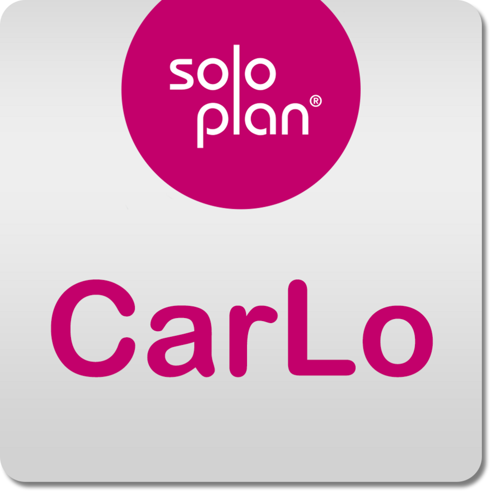 Logo der Software CarlLo von Soloplan mit lila Schrift auf grauem Hintergrund.
