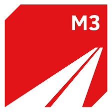 Rotes Straßenschild mit weißer Darstellung einer Autobahn und dem Text M3.