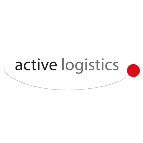 Logo mit den Worten active logistics und einem roten Punkt am Ende einer geschwungenen Linie.