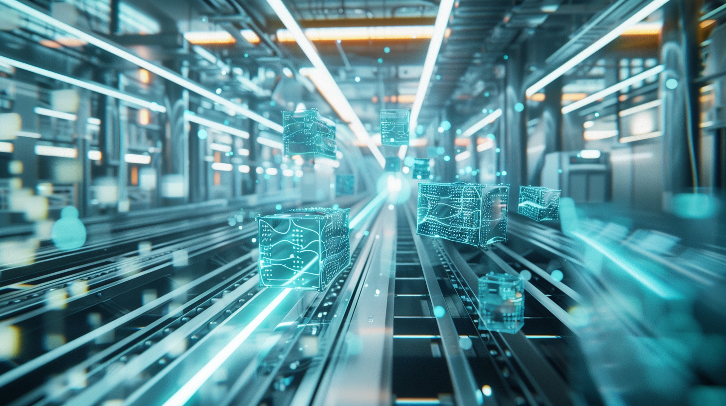 Luftaufnahme eines nachts beleuchteten Hafens mit bunten Frachtcontainern und Kranauslegern am Wasser.