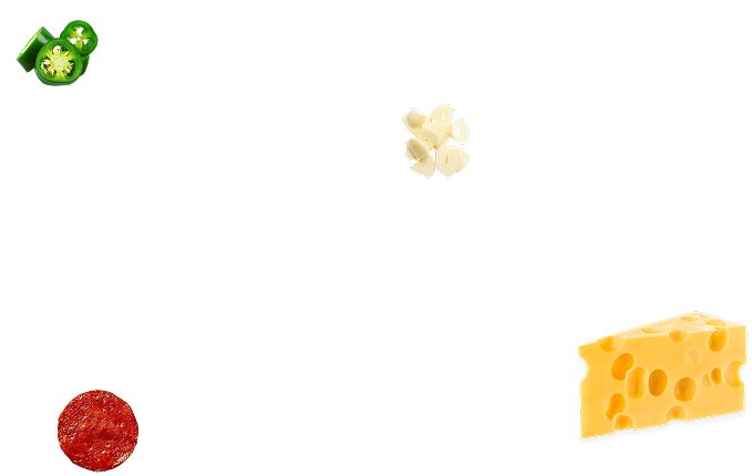 Floating image of chilly, garlic, pepperoni and cheese