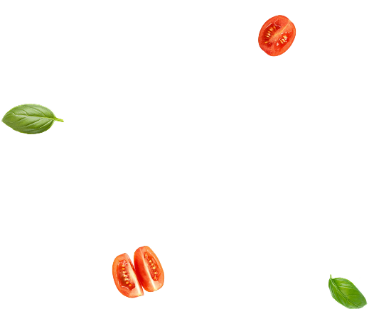 floating image of basil leaf and cherry tomato