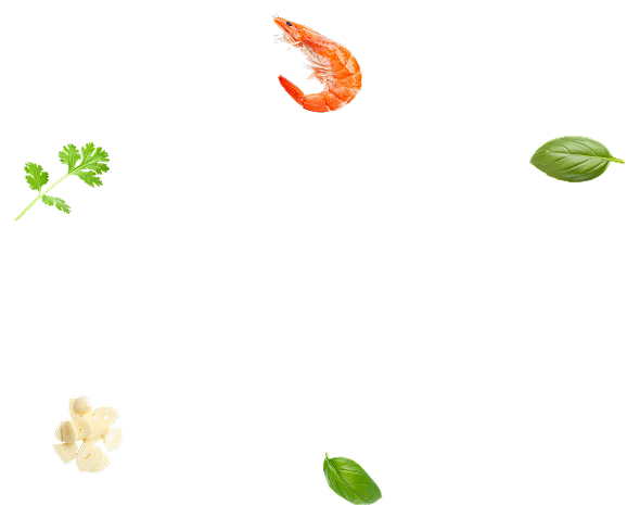 a floating image of garlic, prawns, basil leaf and cilantro