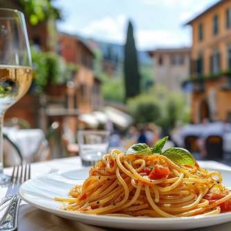 A close-up of a plate of spaghetti with tomato sauce and basil, served at an outdoor restaurant table with a glass of white wine, with a blurred view of a charming Tuscan street in the background.