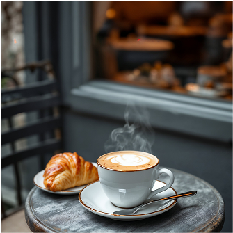 A cup of Cappuccino and a crossant in a tiny table
